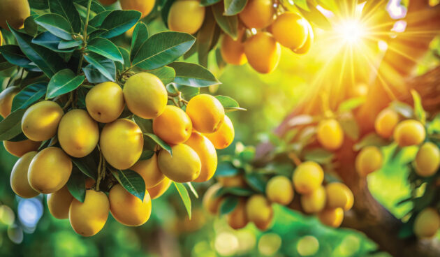 Juicy marula fruit hangs from a tree, nestled among vibrant gree Juicy marula fruit hangs from a tree, nestled among vibrant green leaves, basking in the warm sunlight of a tropical paradise, creating a lush scene.