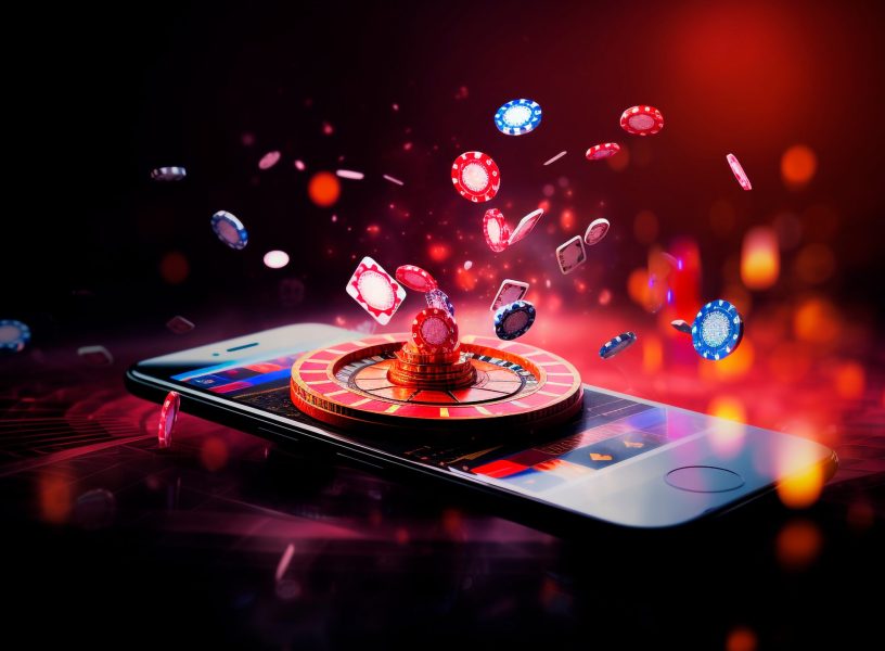 online casinos, big gambling in your smartphone. illustration of gambling mobile apps, Generative AI