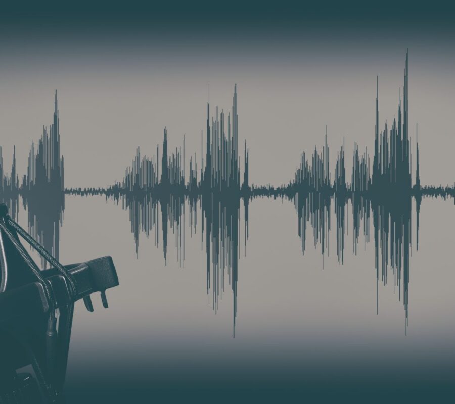 Retro style records podcasts concept. Professional condenser audio microphone